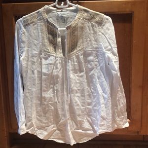 J. Crew white striped blouse with tie and gold